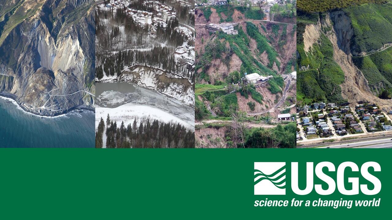Four aerial views of landslides with a USGS logo