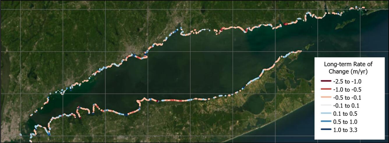 map of Long Island Sound showing long-term rate of change for each area