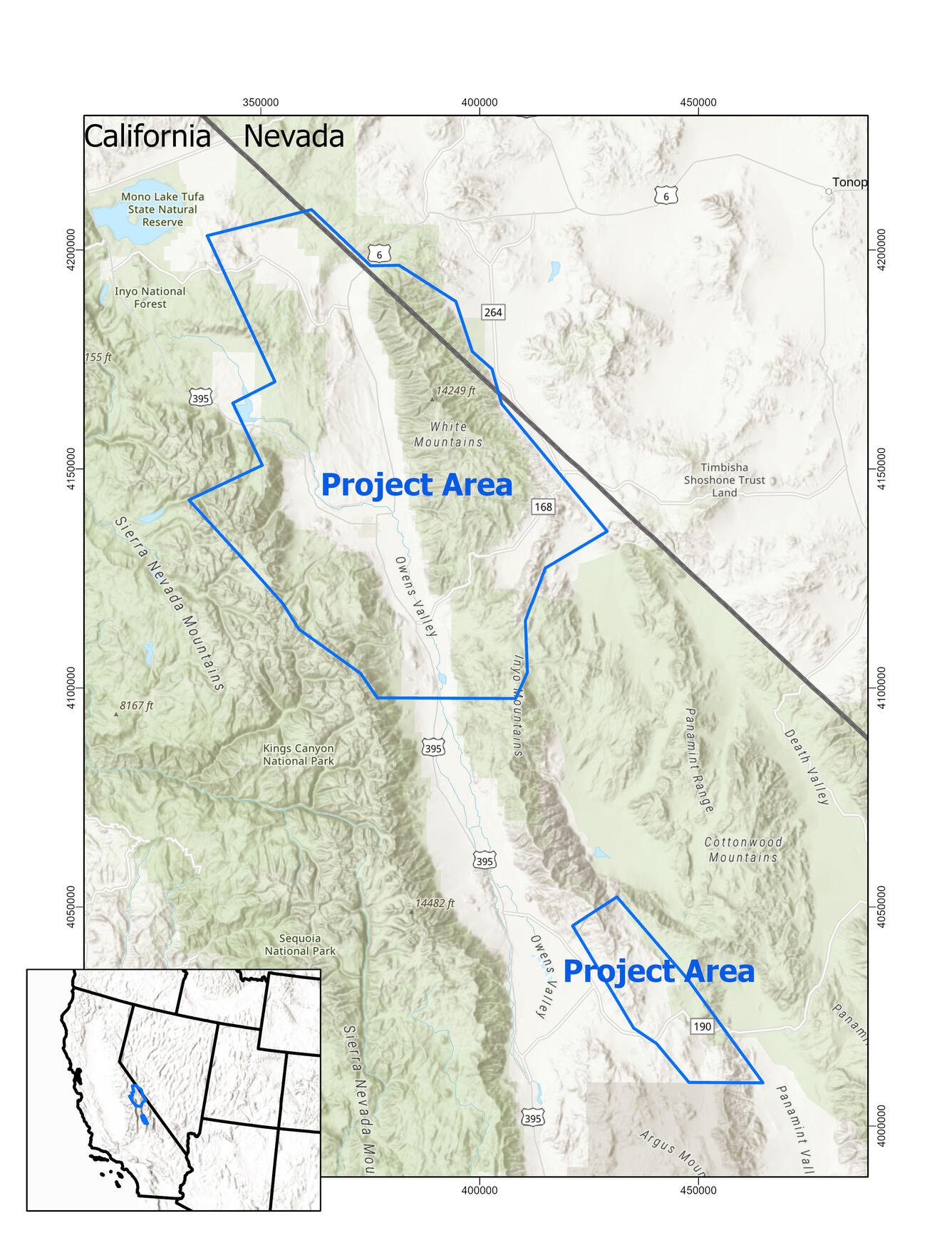 Map showing blue polygon over eastern California and a small part of Nevada.