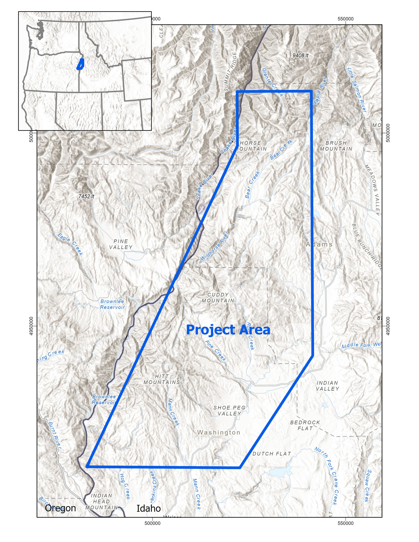 Map showing the location of the survey (blue polygon) over western Idaho