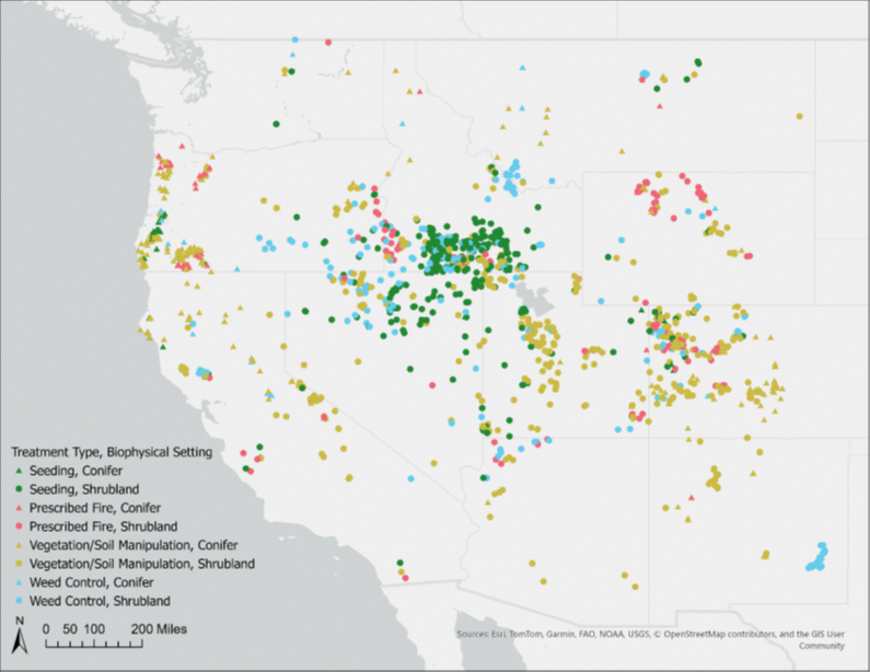 a map of the western united states with different point colors and shapes showing different treatment types