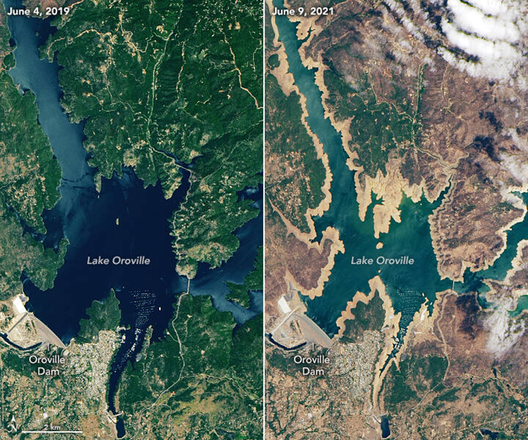 California’s second largest reservoir, Lake Oroville, during a recent wet year and during the current drought (image source: