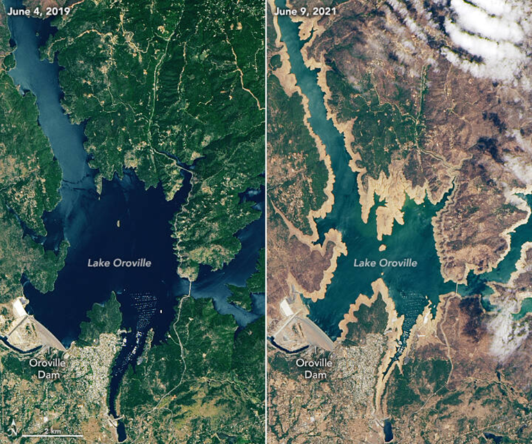 California’s second largest reservoir, Lake Oroville, during a recent wet year and during the current drought (image source: 