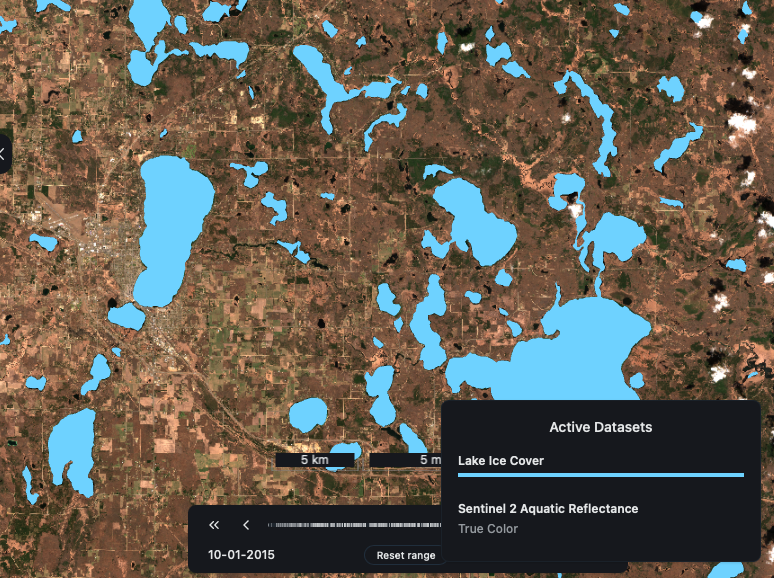 Satellite image of MN in late winter with lake ice extent polygons overlaid.