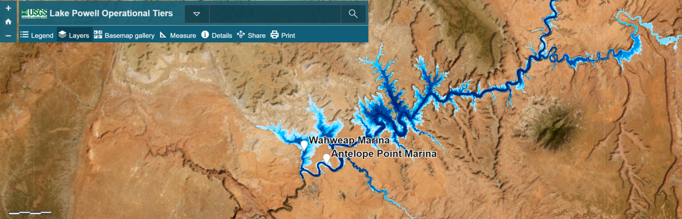 Screenshot of the Lake Powell water level operational tier app screen