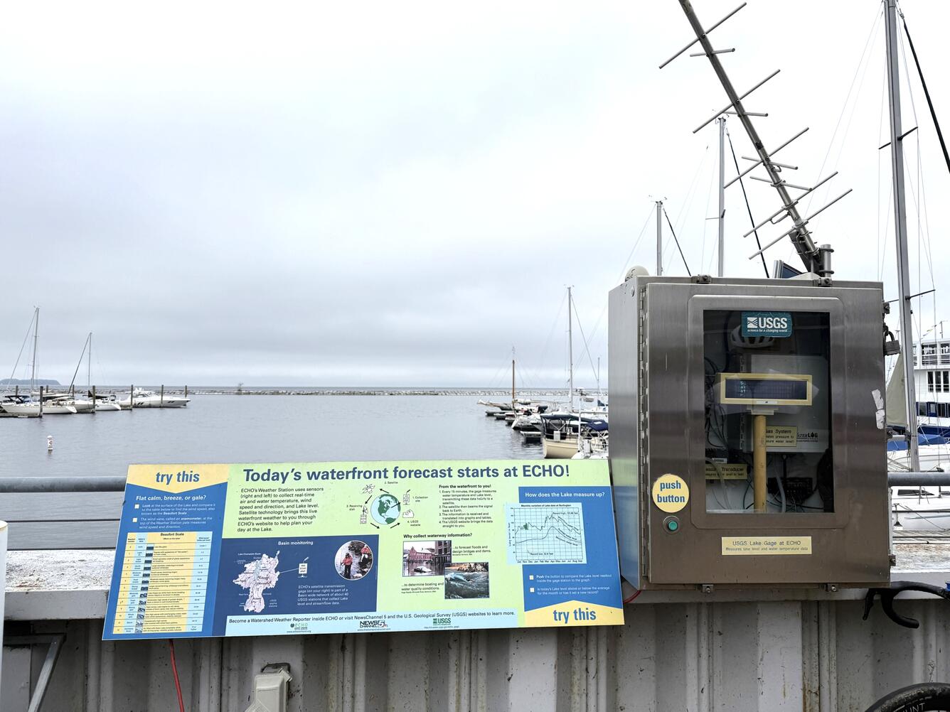 A streamgage next to a sign on the water.