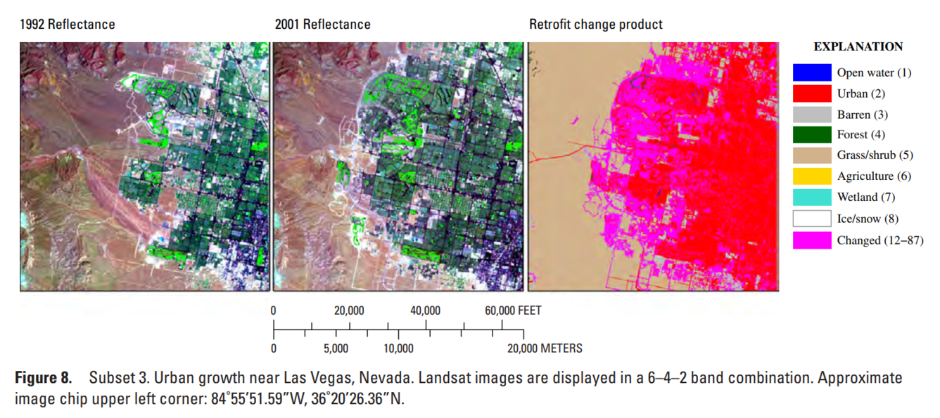 Three satellite-derived maps of the same location, two at different times, and the other a representative of their change