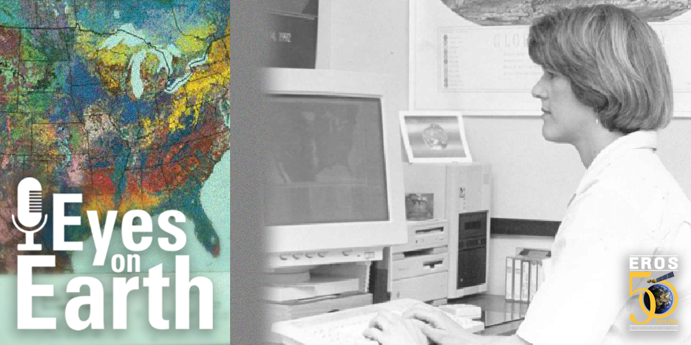 Black and white photo several decades old of woman sitting at computer and a logo on top, with a colorful map down the left