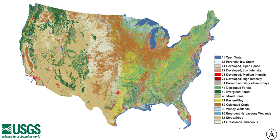 Map of land cover across the United States with legend of colors&nbsp;