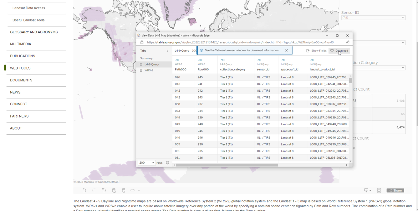 screen shot of Landsat Archive Dashboard