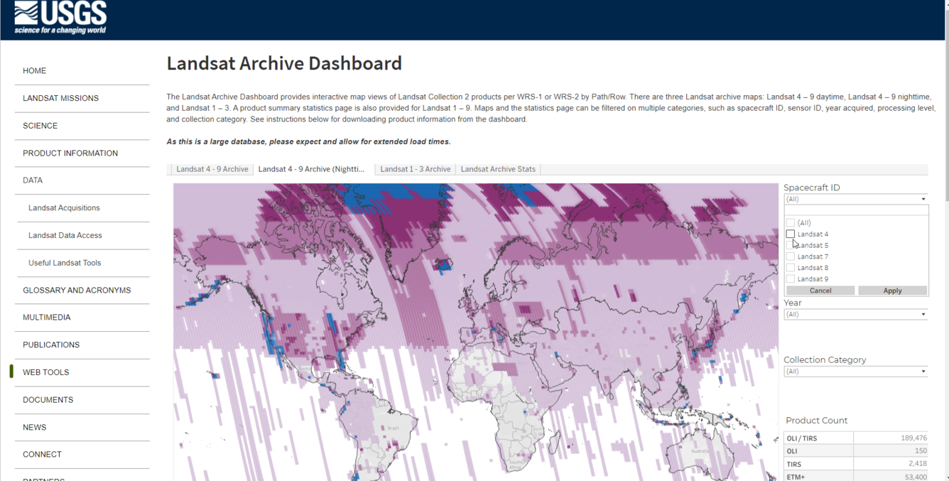 screenshot of Landsat Archive Dashboard