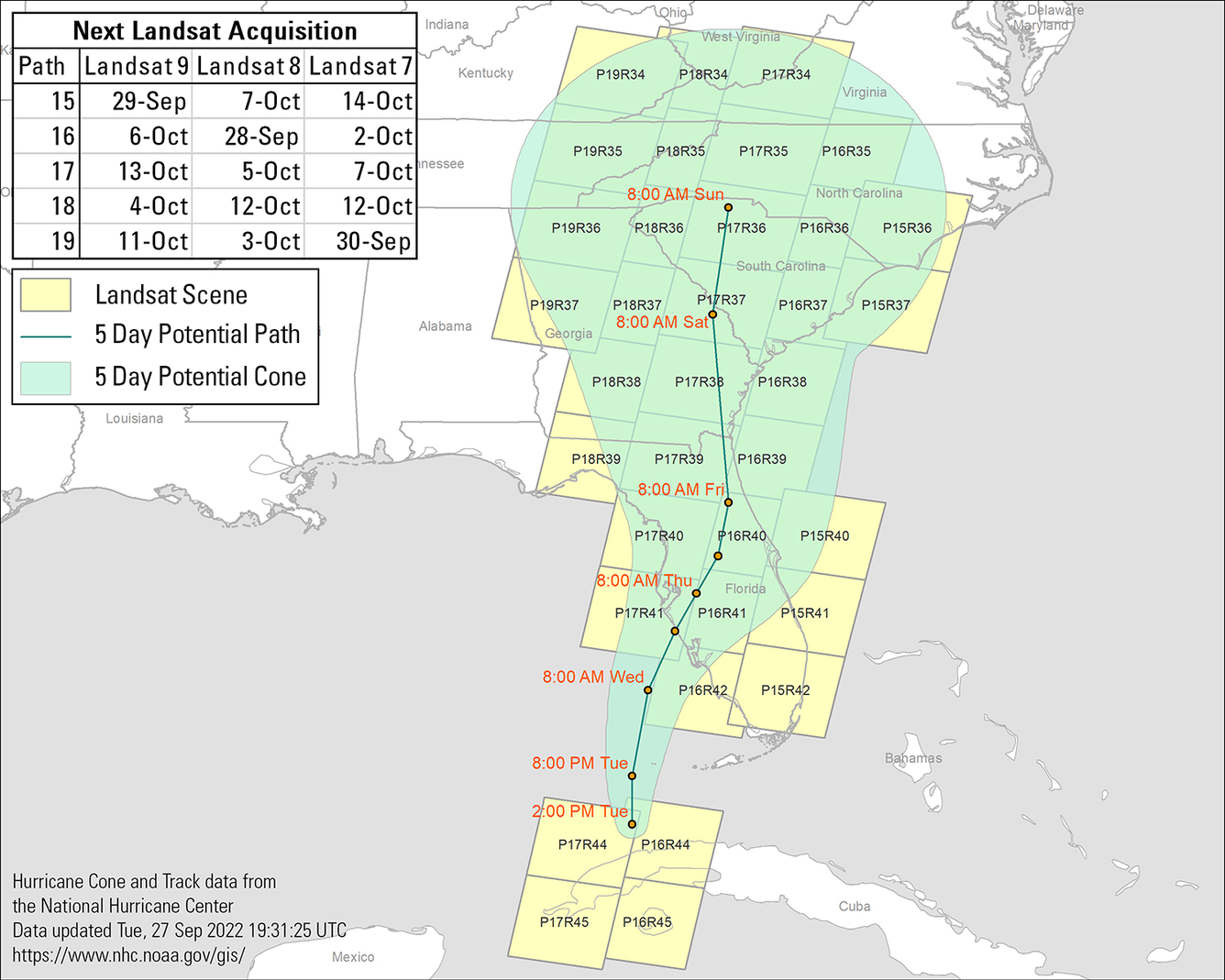 Infographic showing satellite paths overlaid on the extreme southeastern United States and Cuba