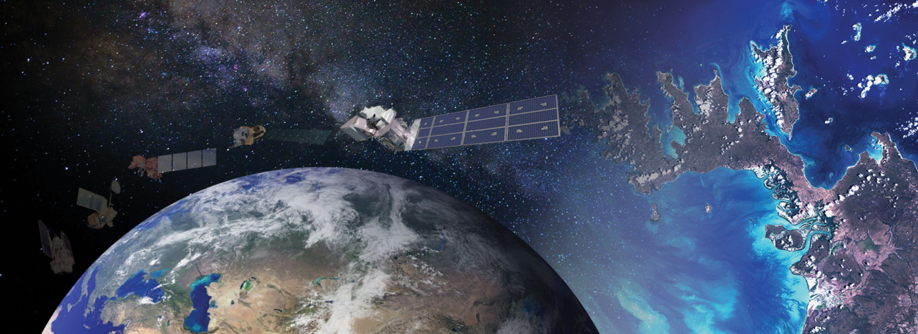 Landsat satellites from 1972 to present moving above the Earth. T