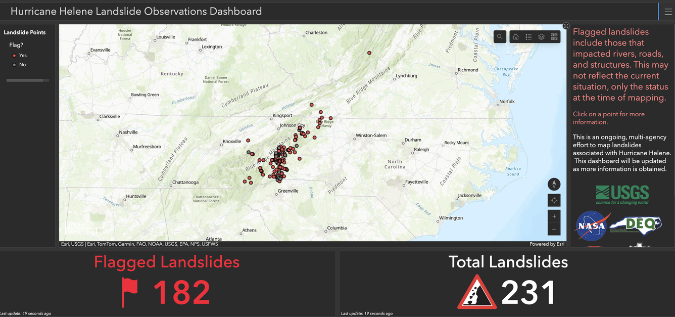 A screenshot of red and grey dots of a map depicting where landslides have occurred in the southern Appalachian Mountains.