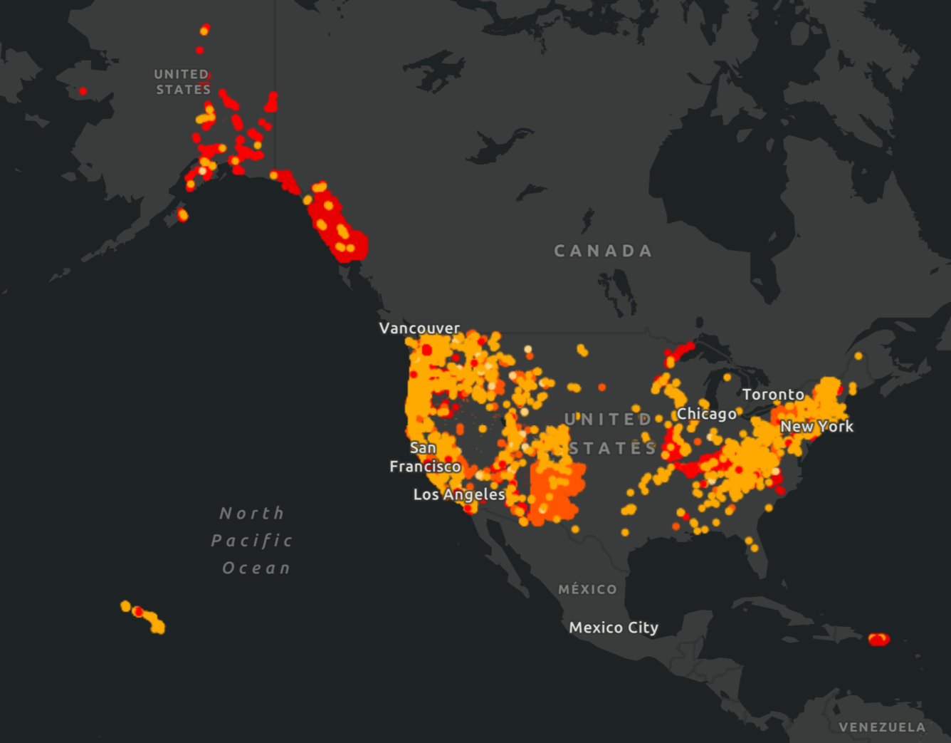 Dark map of U.S. with multicolored dots