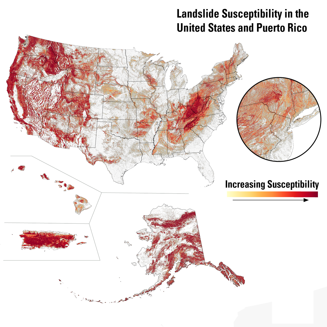 multi color map of the US and Puerto Rico showing landslide susceptibility