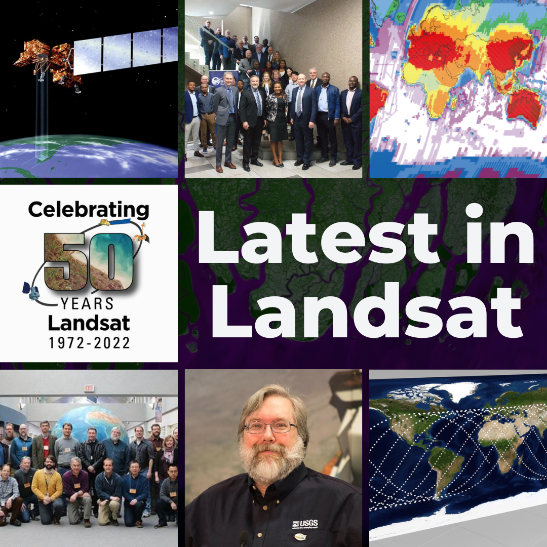 text reads "Latest in Landsat," with several graphics of Landsat data and people