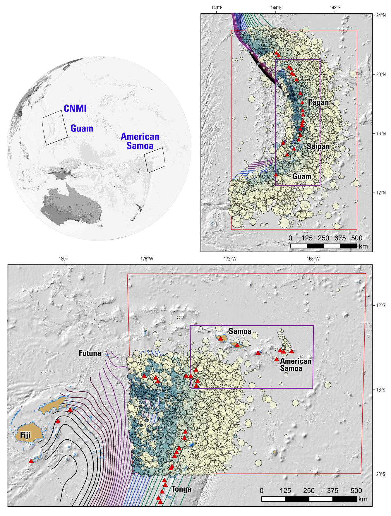 A location map and inset maps of the National Seismic Hazard Model areas of interest for the Pacific Territories.