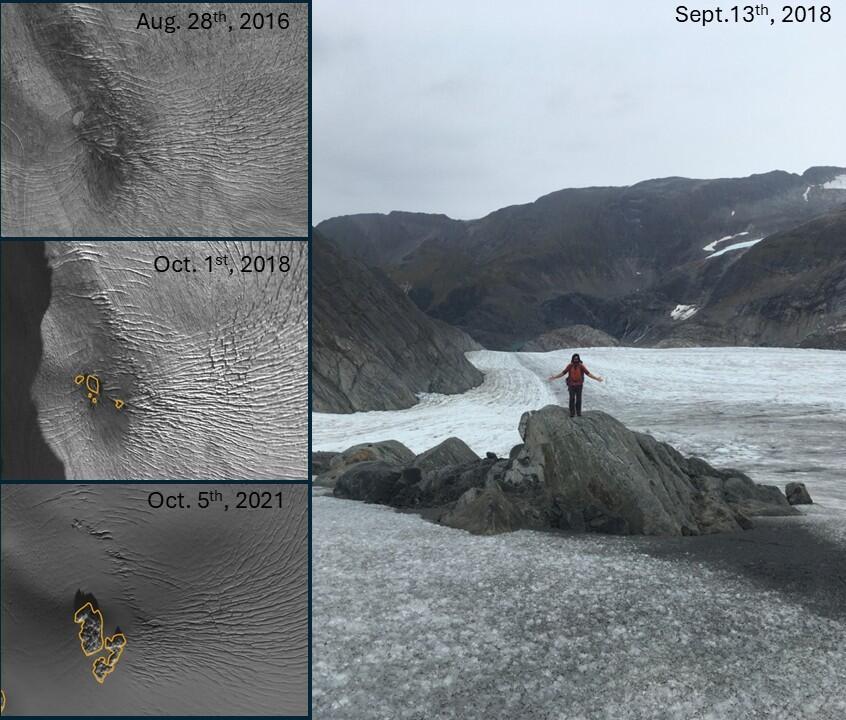 Panel images showing change in ice cover of  rock.