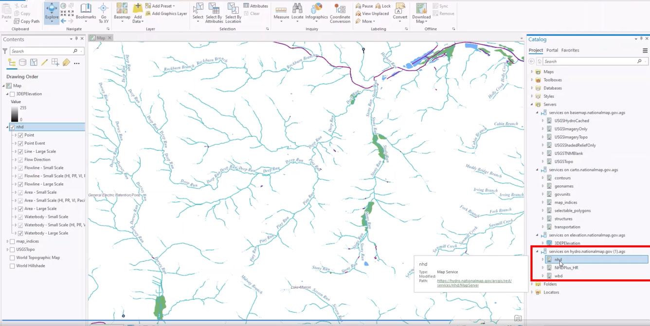 Screenshot from Lesson 5b depicting National Map hydrography service in ArcGIS Pro