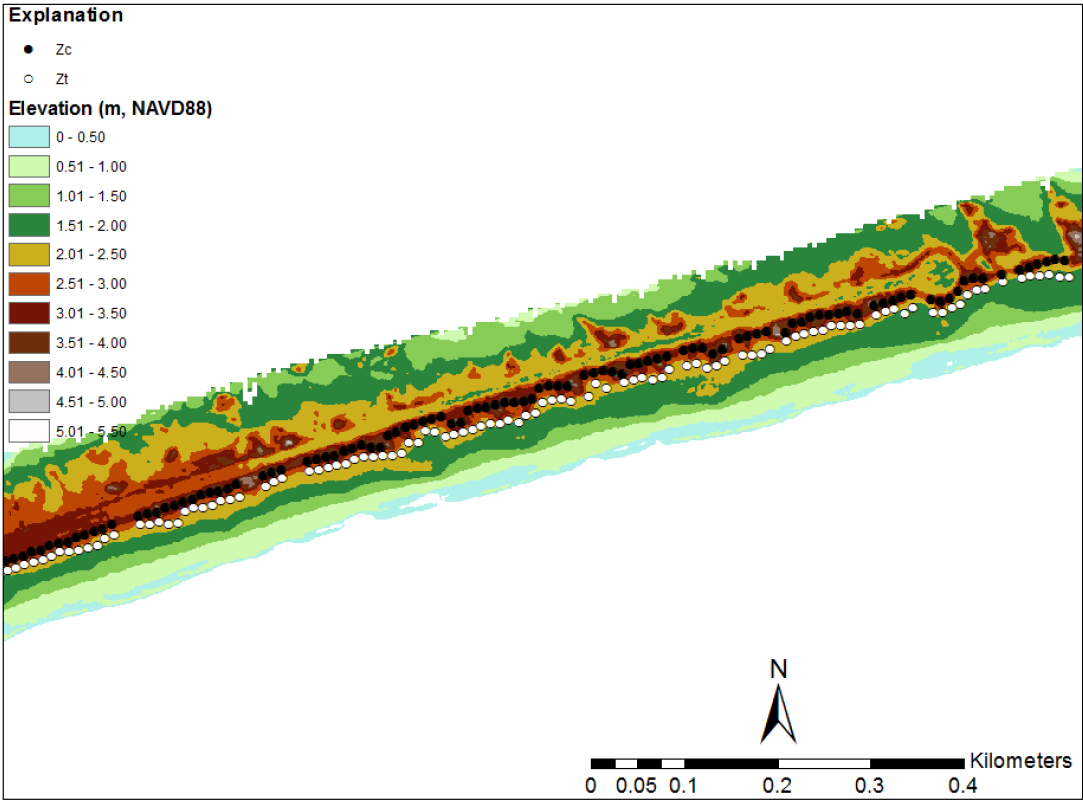 A band of red, yellow and green with white dots showing lidar derived elevations from Santa Rosa Island, FL
