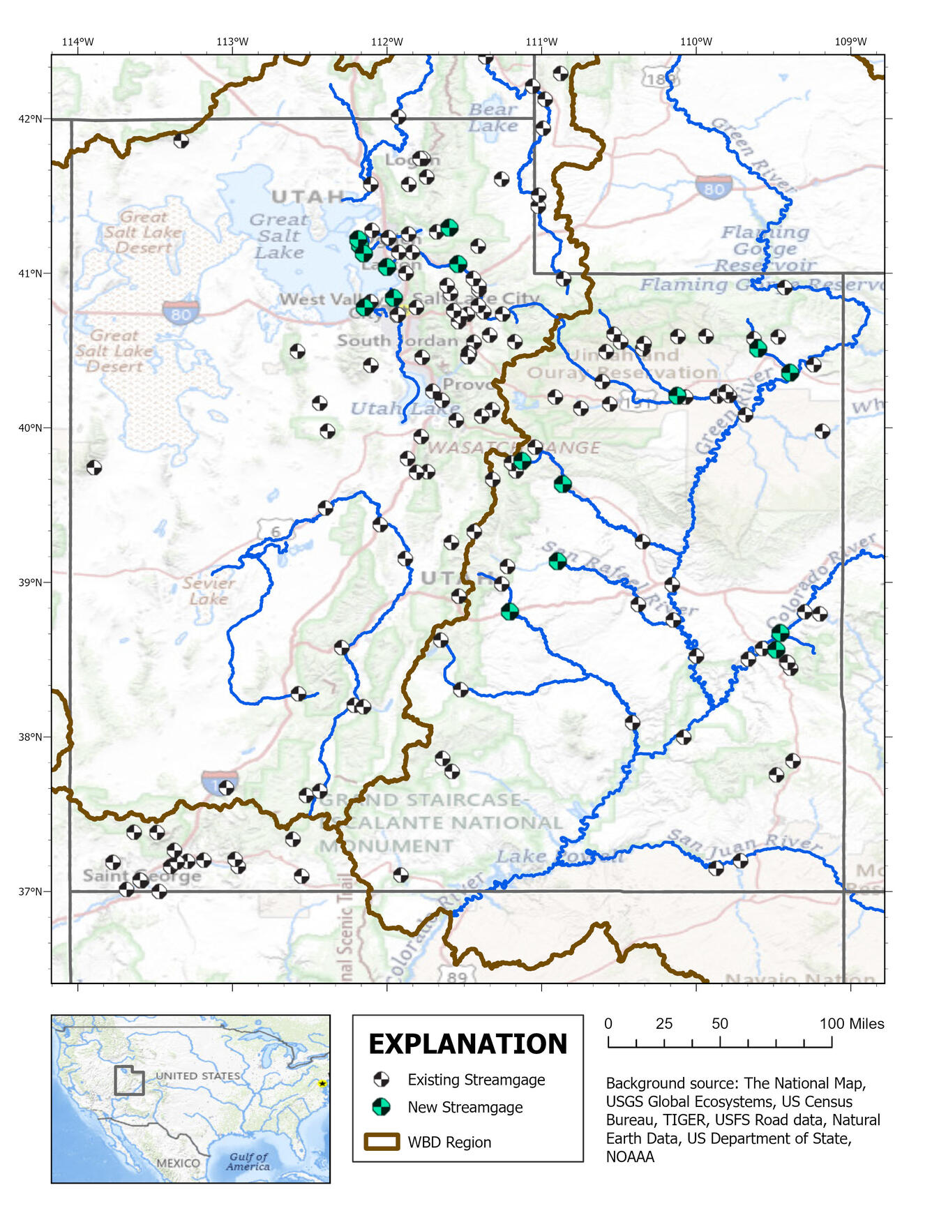 This is an image of a GIS projection showing locations of all streamgages maintained by the Utah Water Science Center.