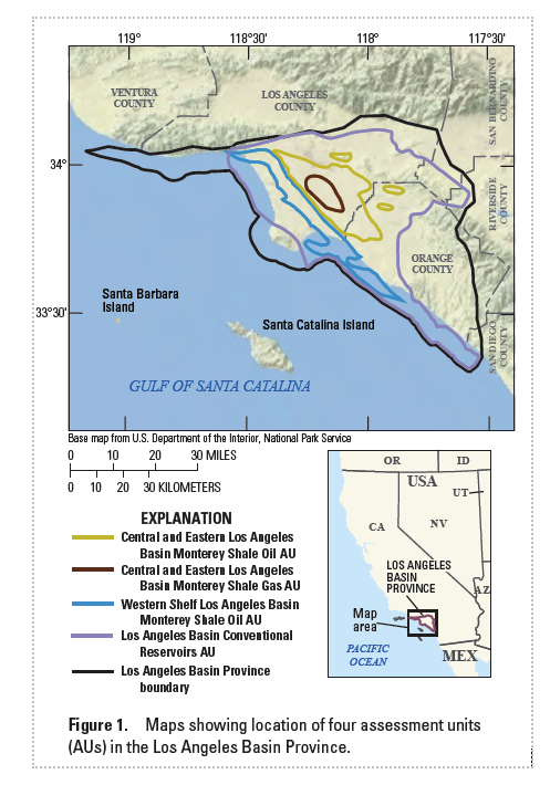 Map of Los Angeles, Orange and Ventura counties with colored outlines around the L.A. geologic basin, and four areas assessed for oil and gas.