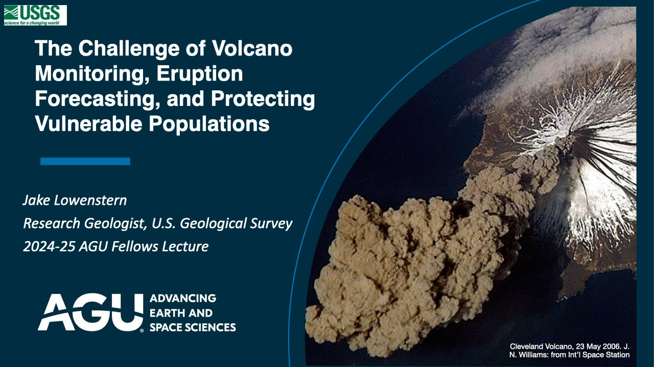 Phot of Cleveland Volcano in eruption and title of presentation by J. Lowenstern