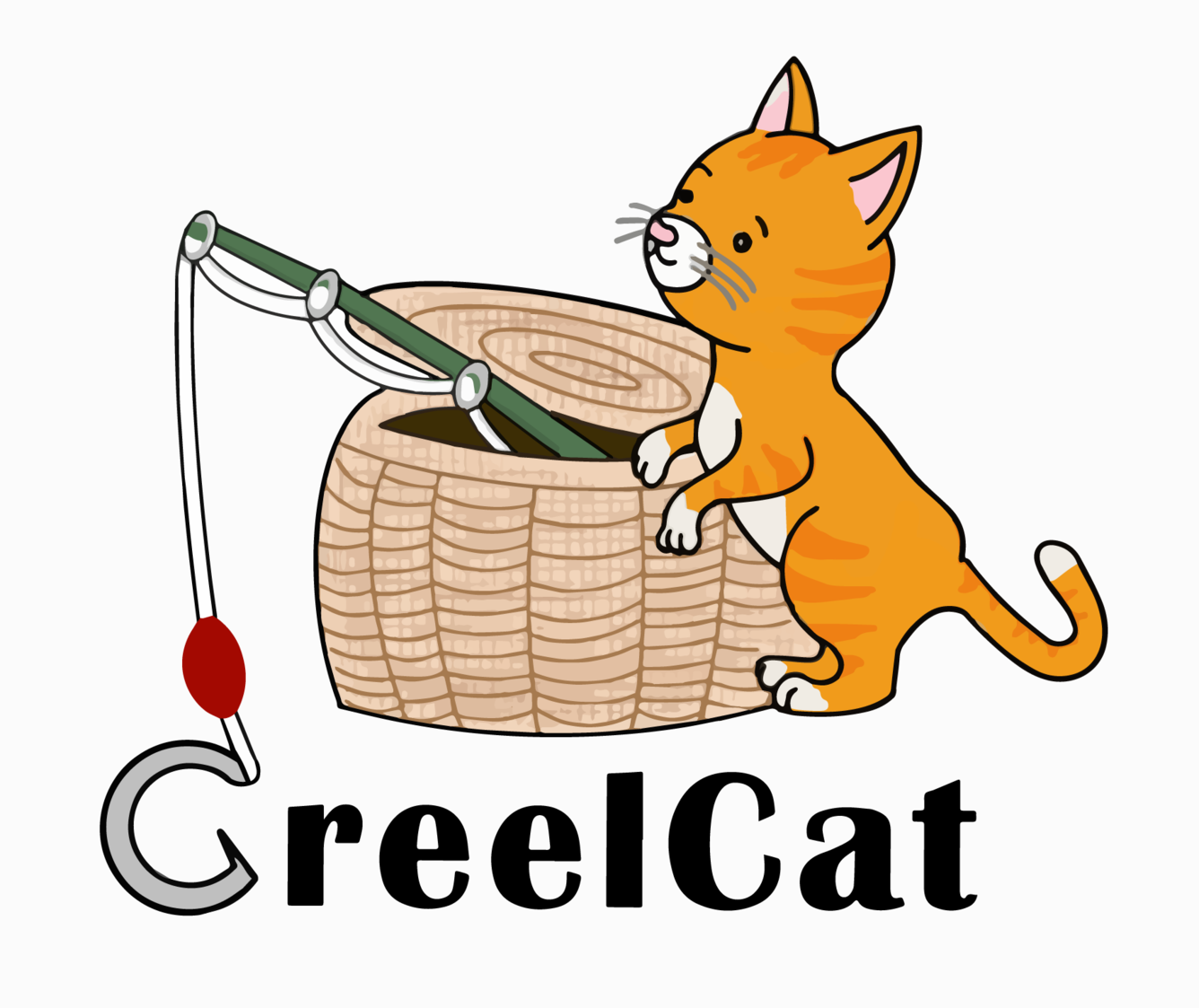 An orange cat standing next to a beige fishing basket, with a green fishing pole sticking out of the basket. The words "Creel Cat" are below the basket and cat.