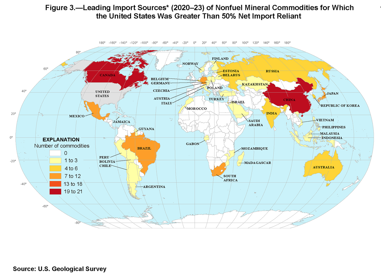 World map showing countries the US relied on for mineral imports from 2020-23.