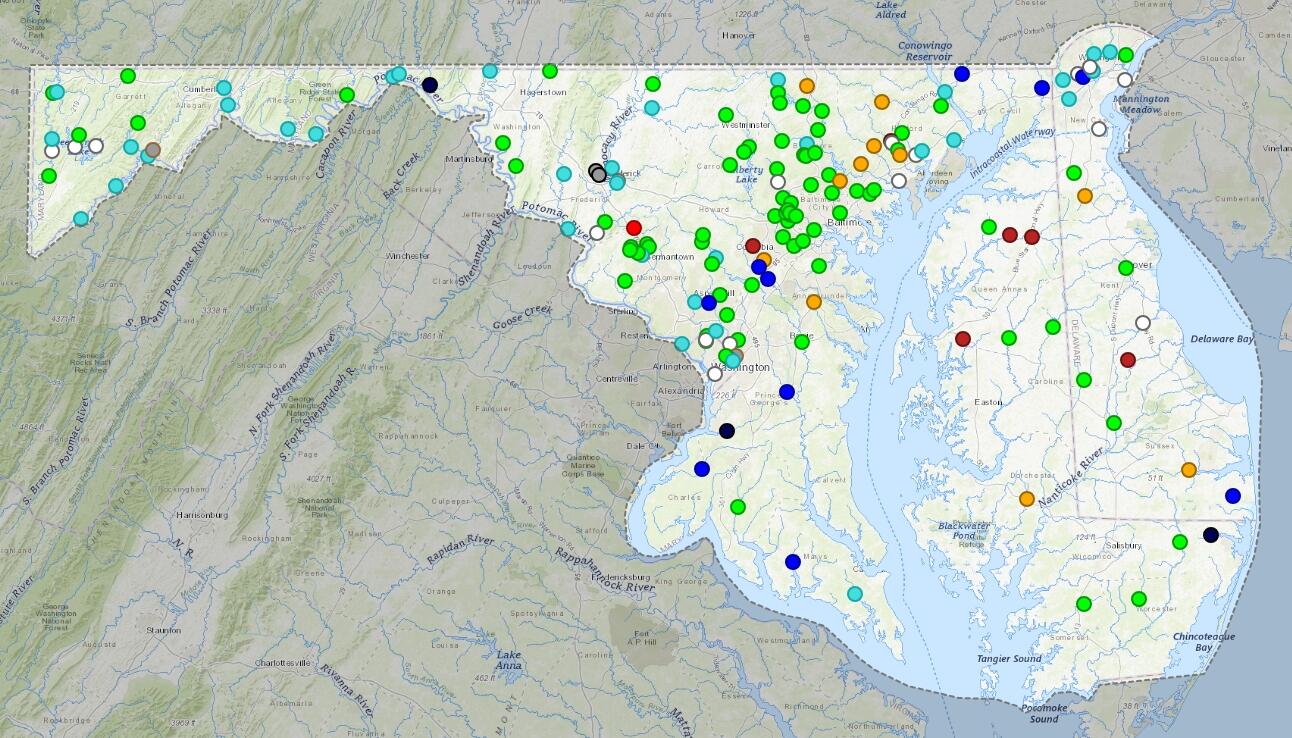 Map of USGS stream gage sites in Maryland, Delaware, and Washington DC.