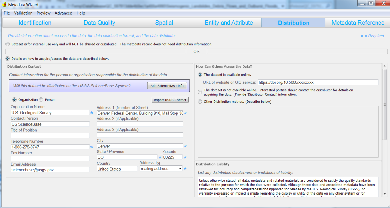 Screenshot of Metadata Wizard showing distribution information section