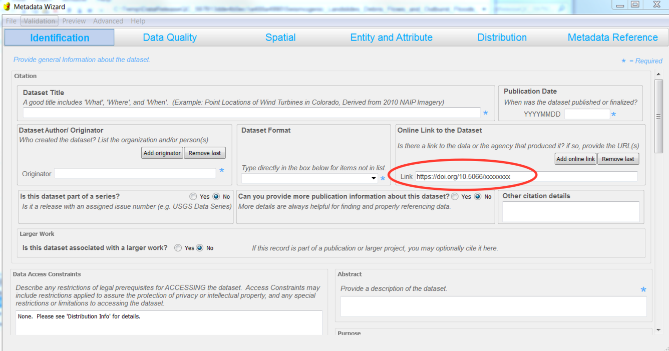 Screenshot of Metadata Wizard showing online linkage field