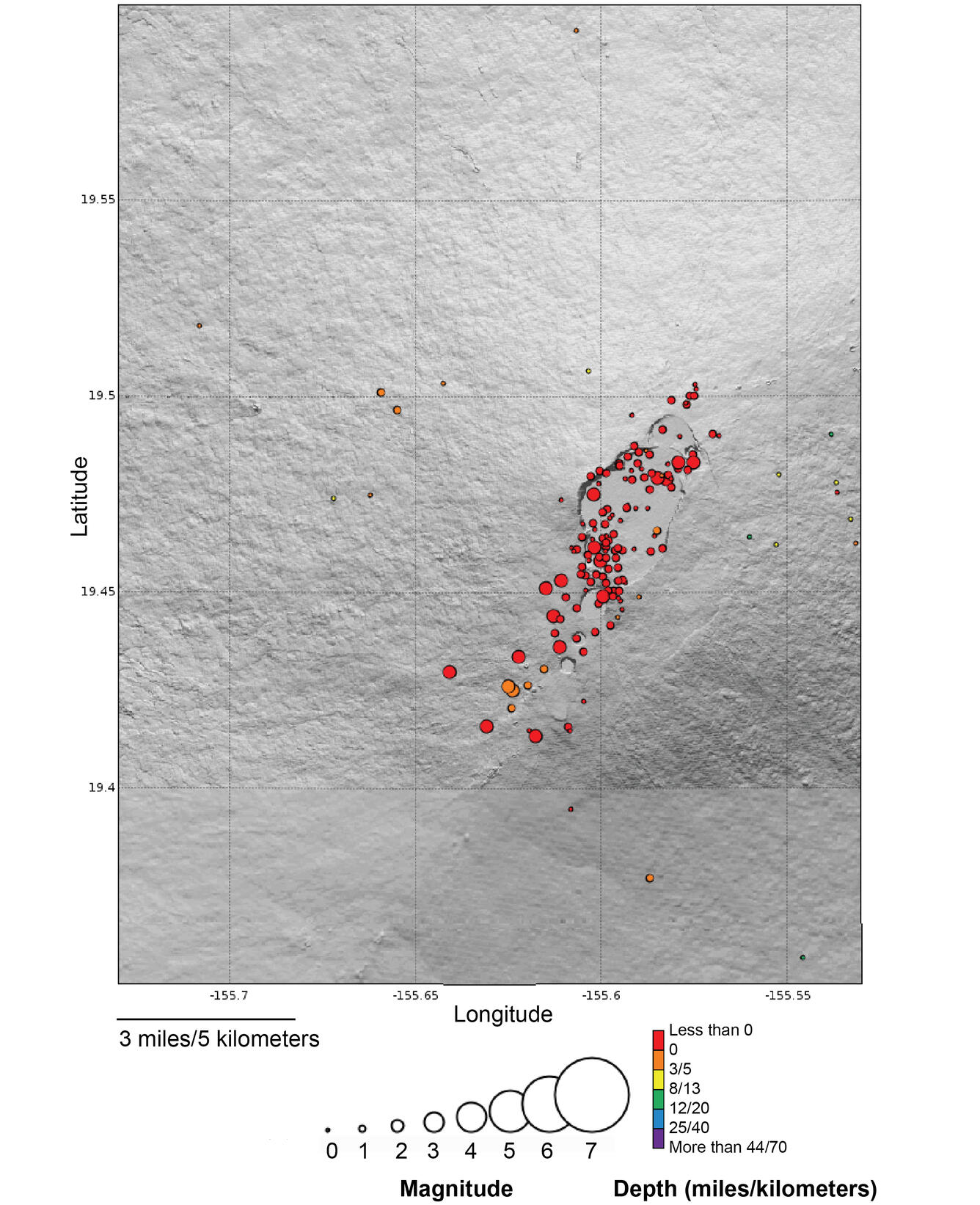 Color map showing earthquake locations