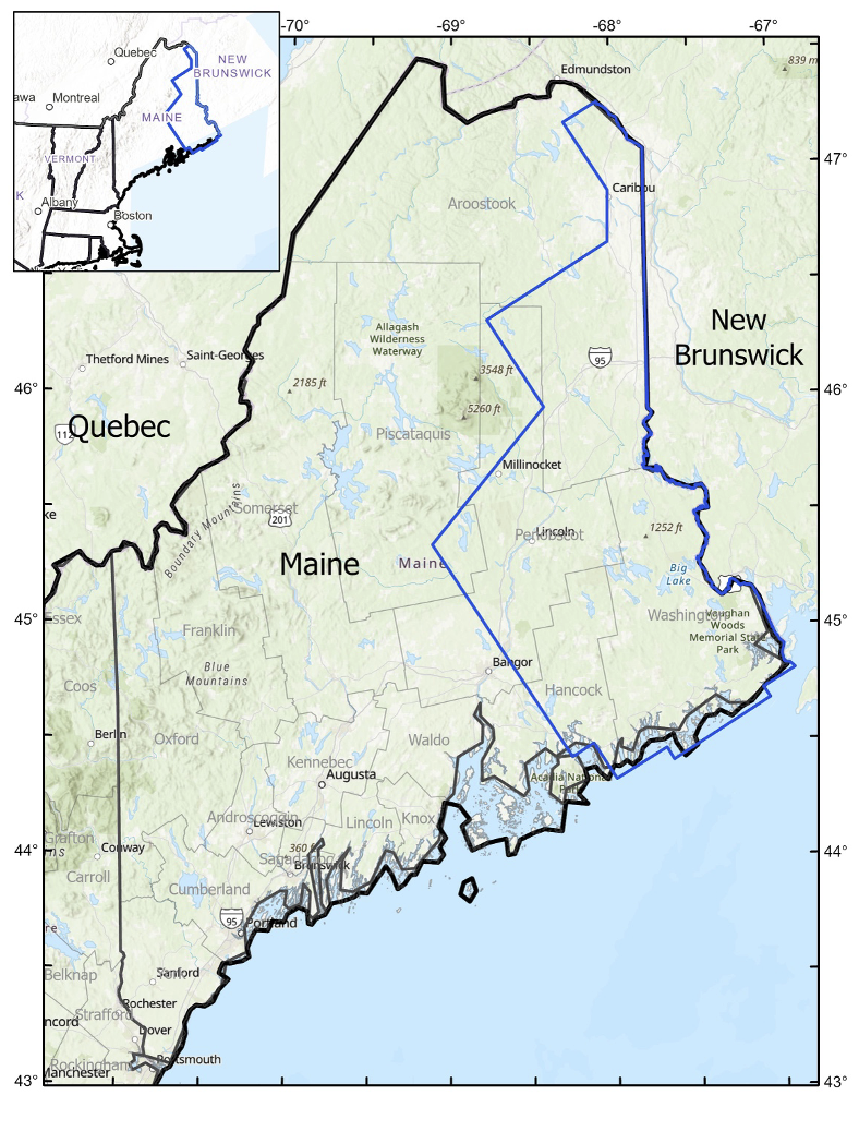 Blue irregular outline shows Eastern Maine Earth MRI Survey