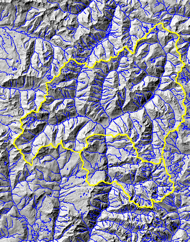 Shaded relief image and upper Animas River watershed boundary, CO. Rivers and streams are shown in blue.