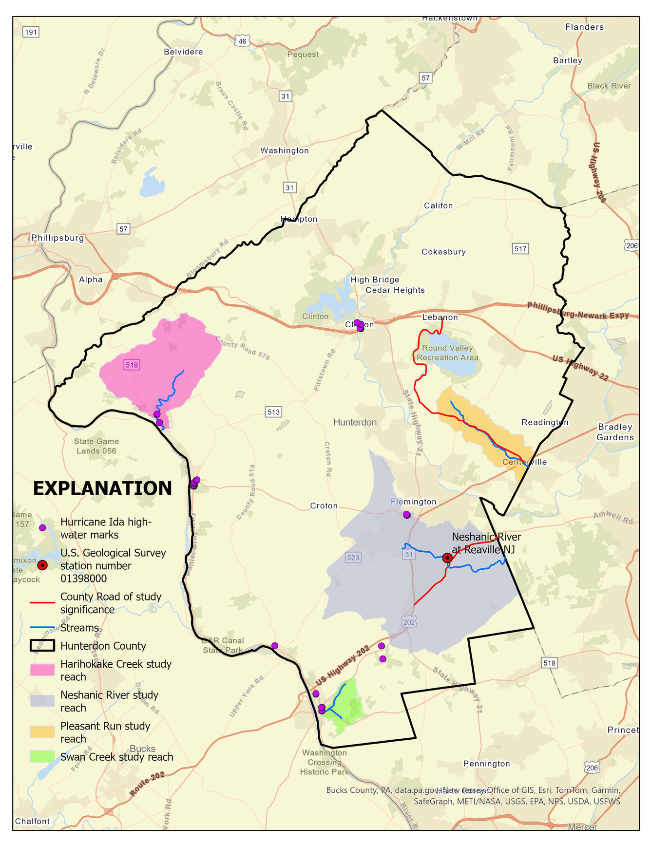Road Map outlining Hunterdon County, New Jersey and highlighting the four river basins being studied. 