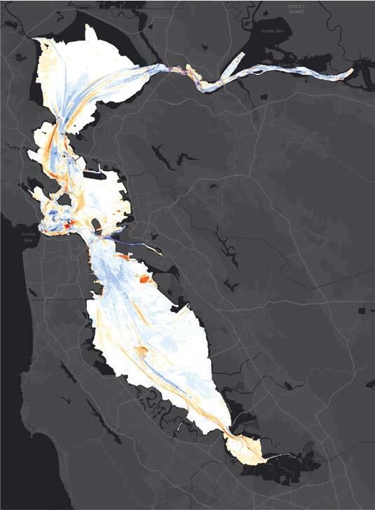 Map of San Francisco Bay showing rates of bathymetric change from 1980s to 2010s