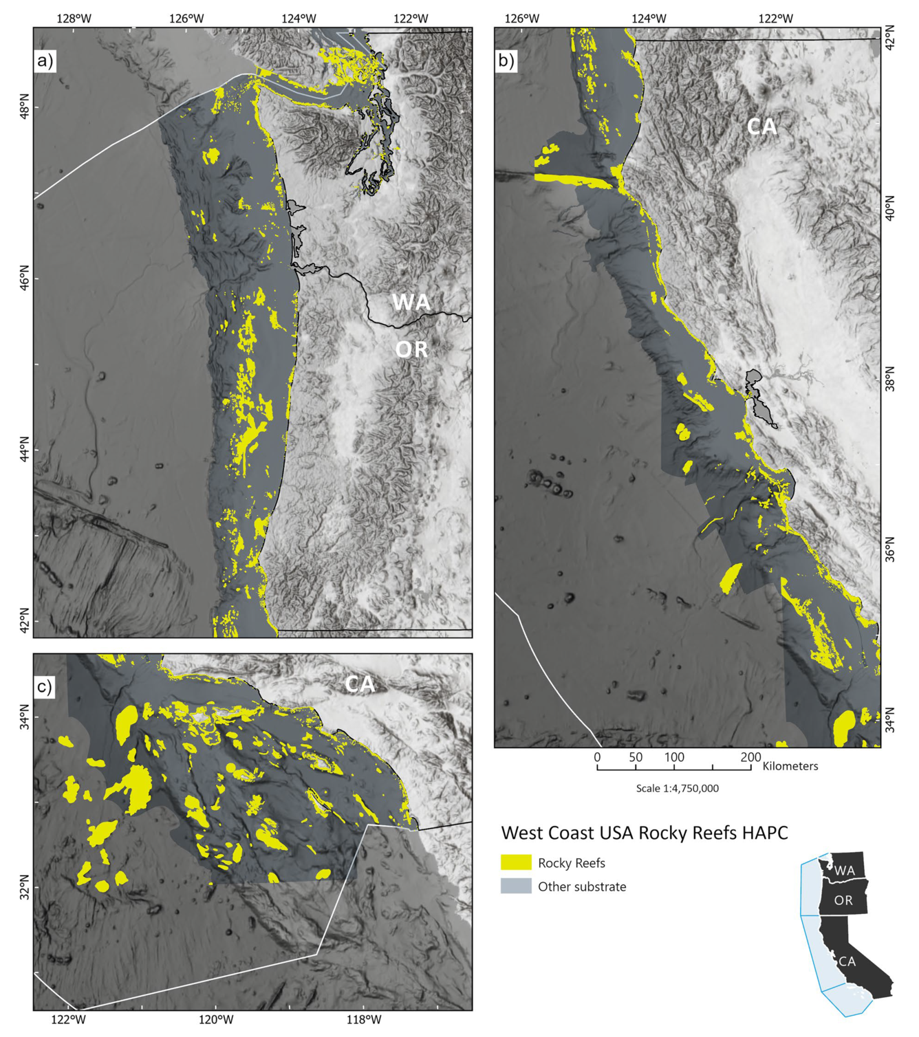 Map of West Coast USA rocky reef habitat areas of particular concern