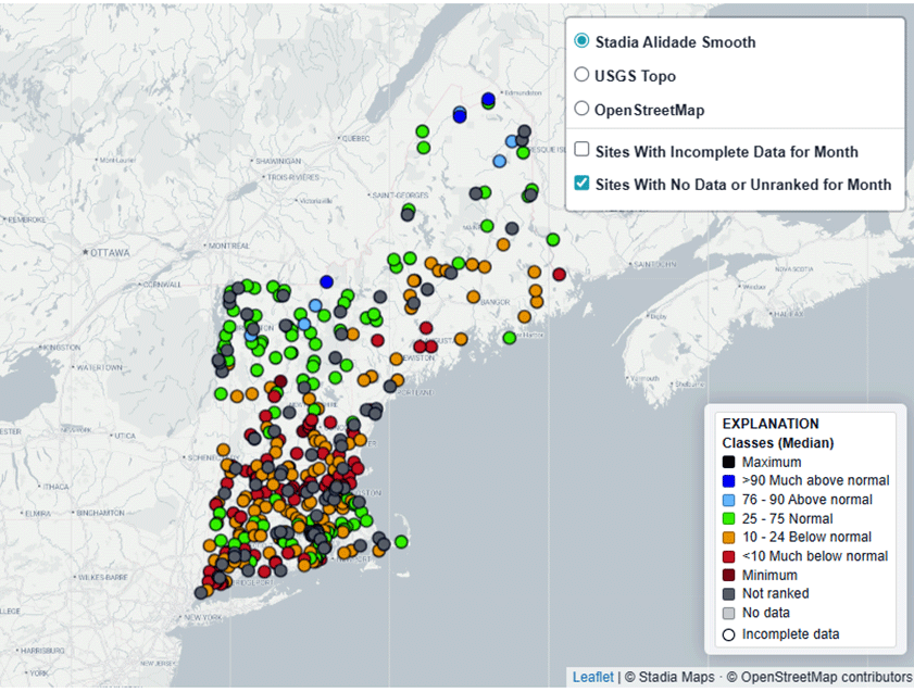 Map of the monthly streamflow conditions in New England