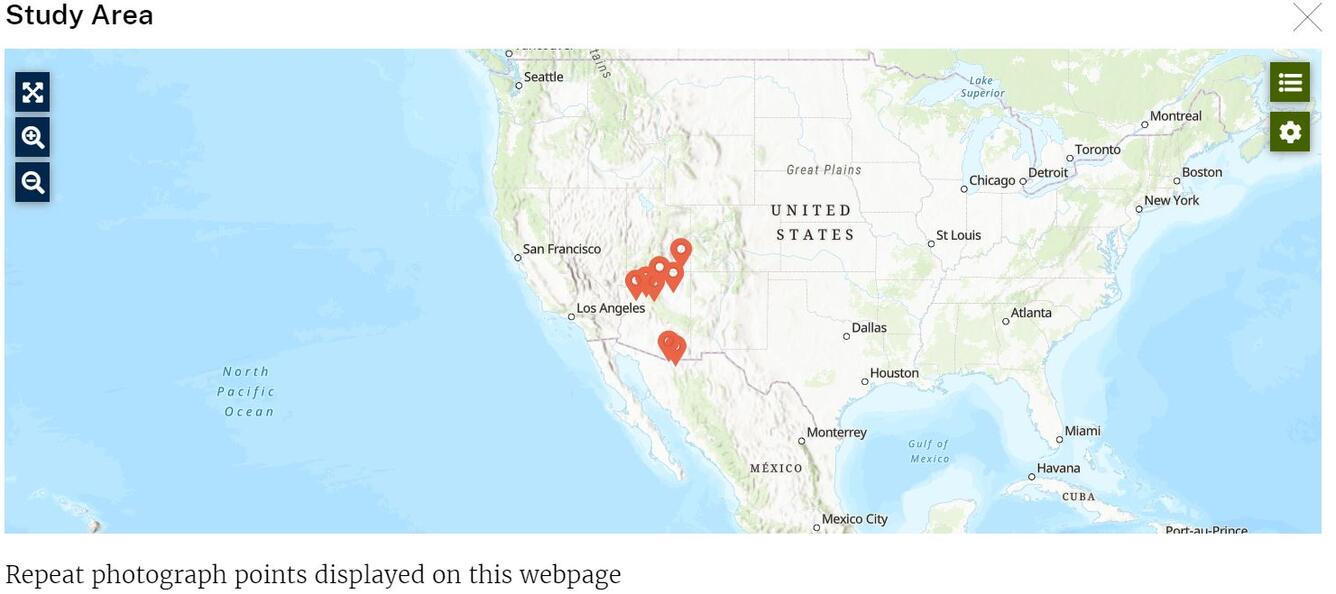 Screenshot of a map of the SW US that shows a few of the repeat photography points