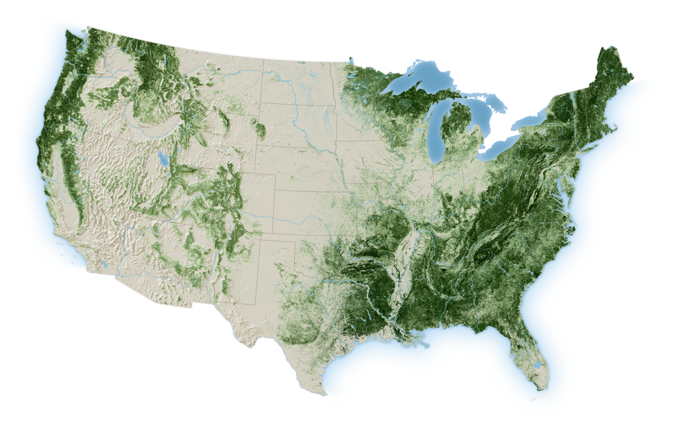 A map of the United States with a tan background and areas in green and blue on top