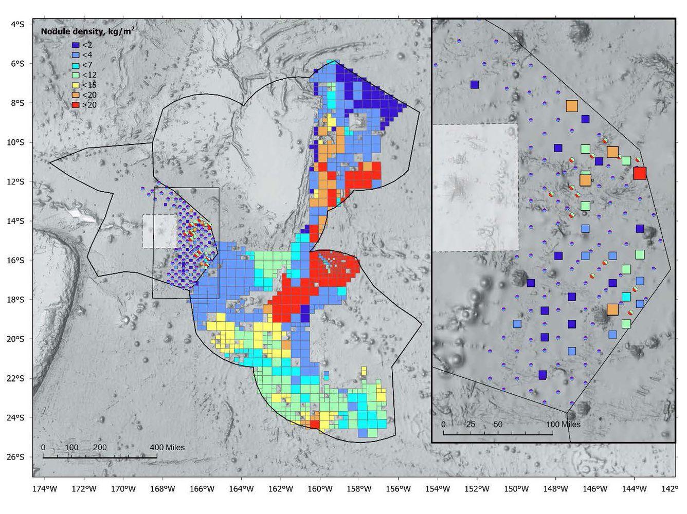 Map of nodule abundances measured in box cores in the Samoa Basin
