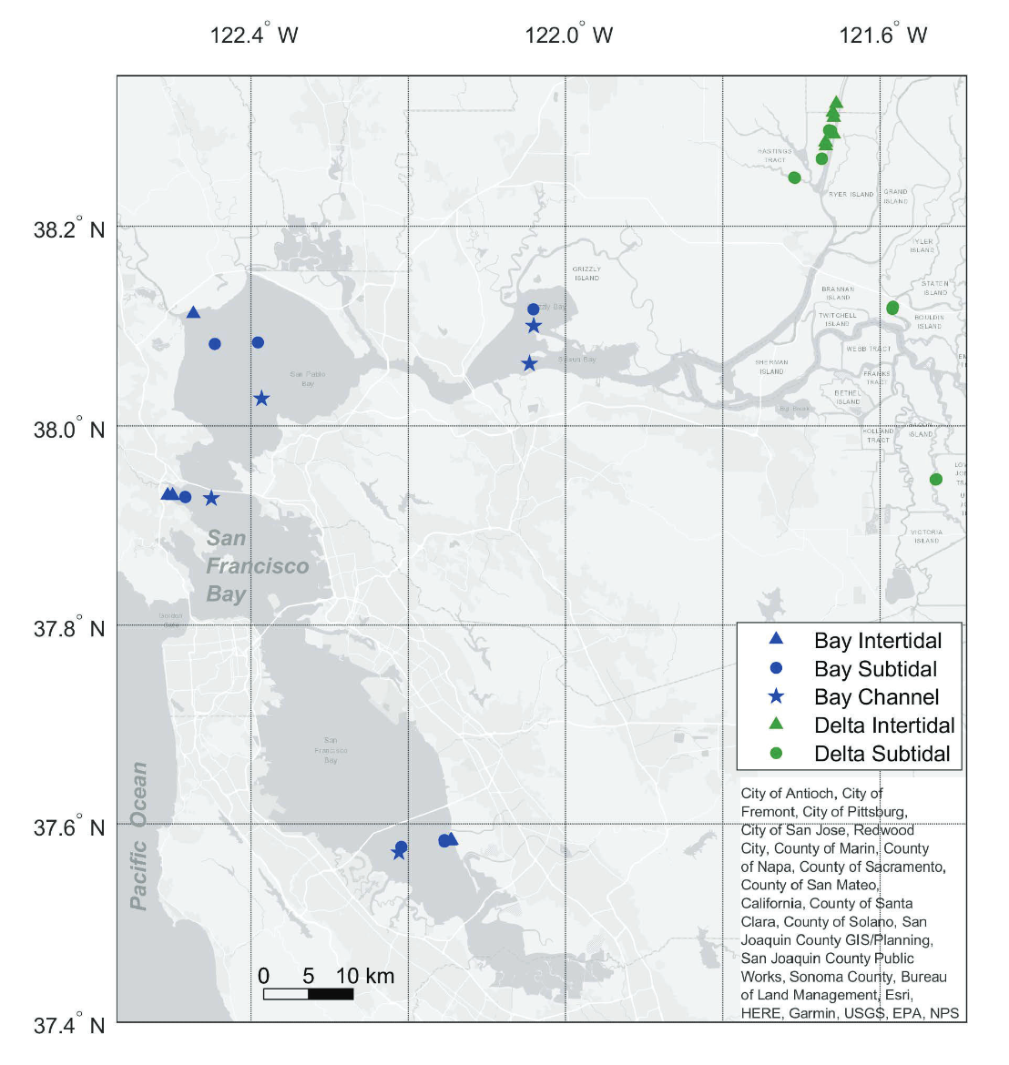 Map showing locations of cores coded by tidal regime and colored by region within the San Francisco Estuary