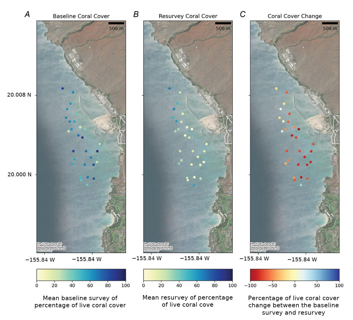 Maps of spatial patterns of live coral cover and change by site at Puʻukoholā Heiau National Historic Site
