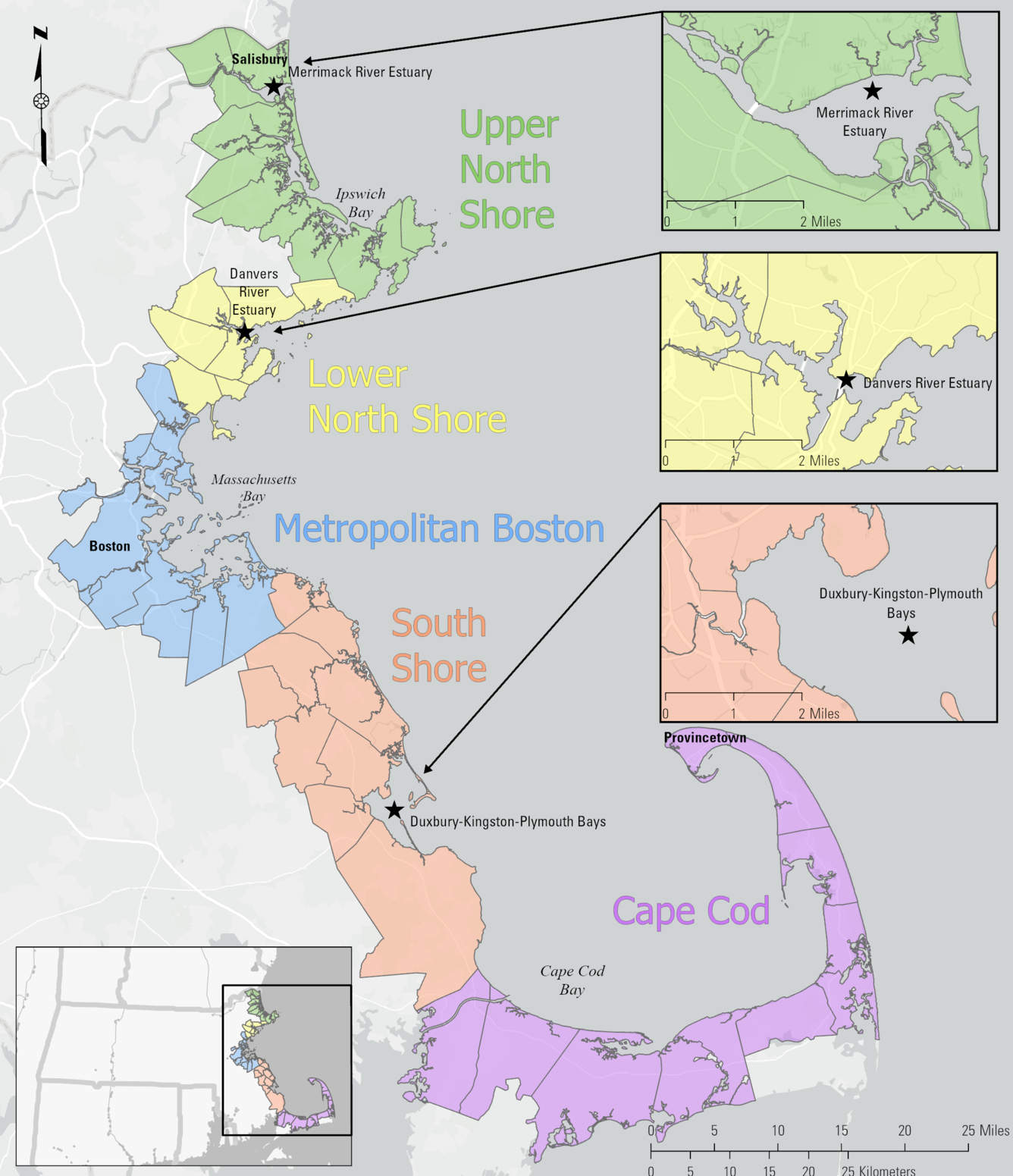 A map of Massachusetts coast that is color coordinated by different sections. 