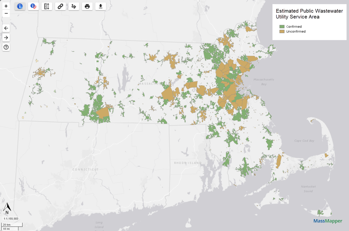 A map of Massachusetts showing public wastewater utility service areas. 
