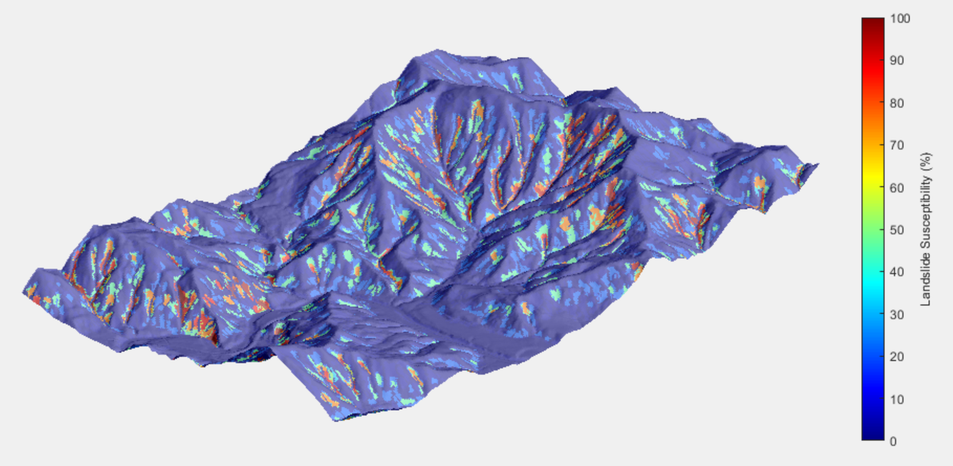 Multi-colored image of the land's surface showing areas of high landslide susceptibility in red and orange