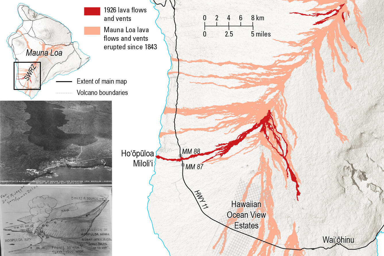 Color graphic showing lava flow map and images of eruption