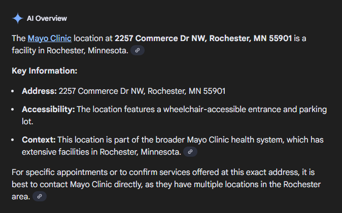  Screenshot of the AI Overview results for “Mayo Clinic 2257 Commerce Drive”. 